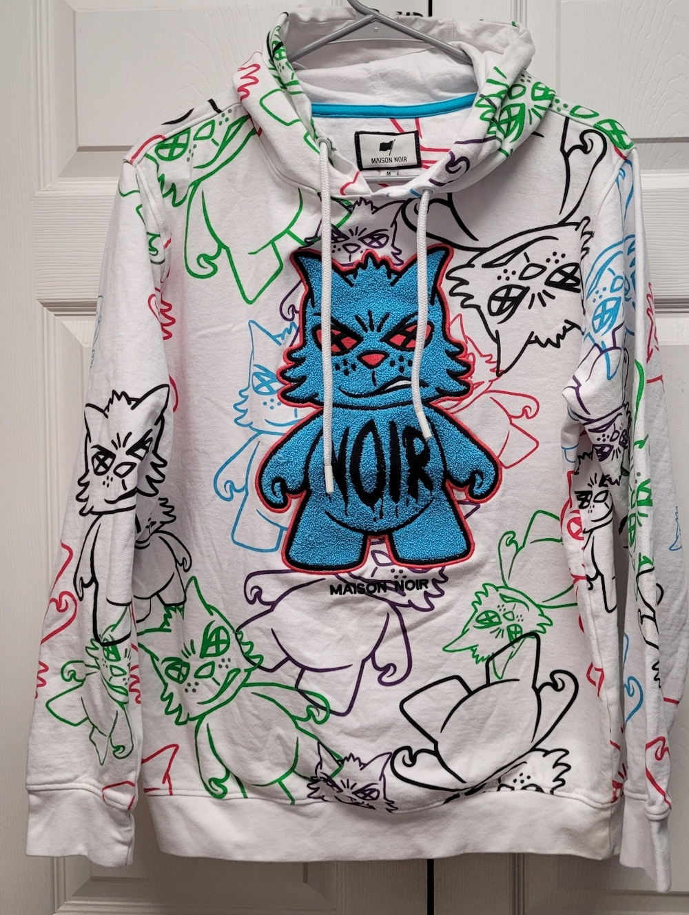 Maison Noir Hoodie Adult M White Graphic Cat Embroidered Patch Streetwear Unisex